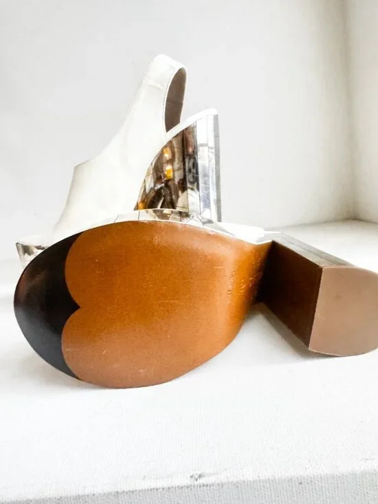 Rochas RUNWAY White Leather Mirror " Disco" Sandals Chunky Heel 39 - Picture 9 of 11